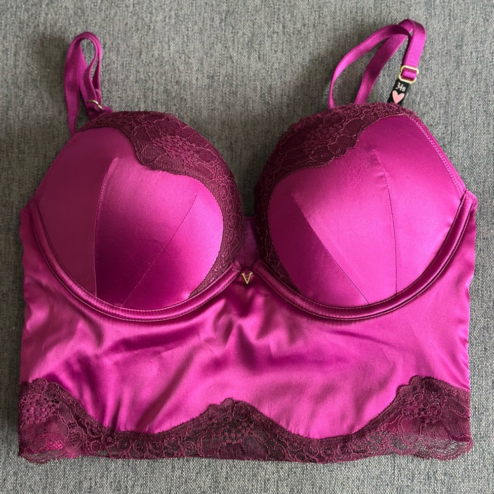 Victoria's Secret Bombshell Plunge Satin Longline Lace-Trim Bra